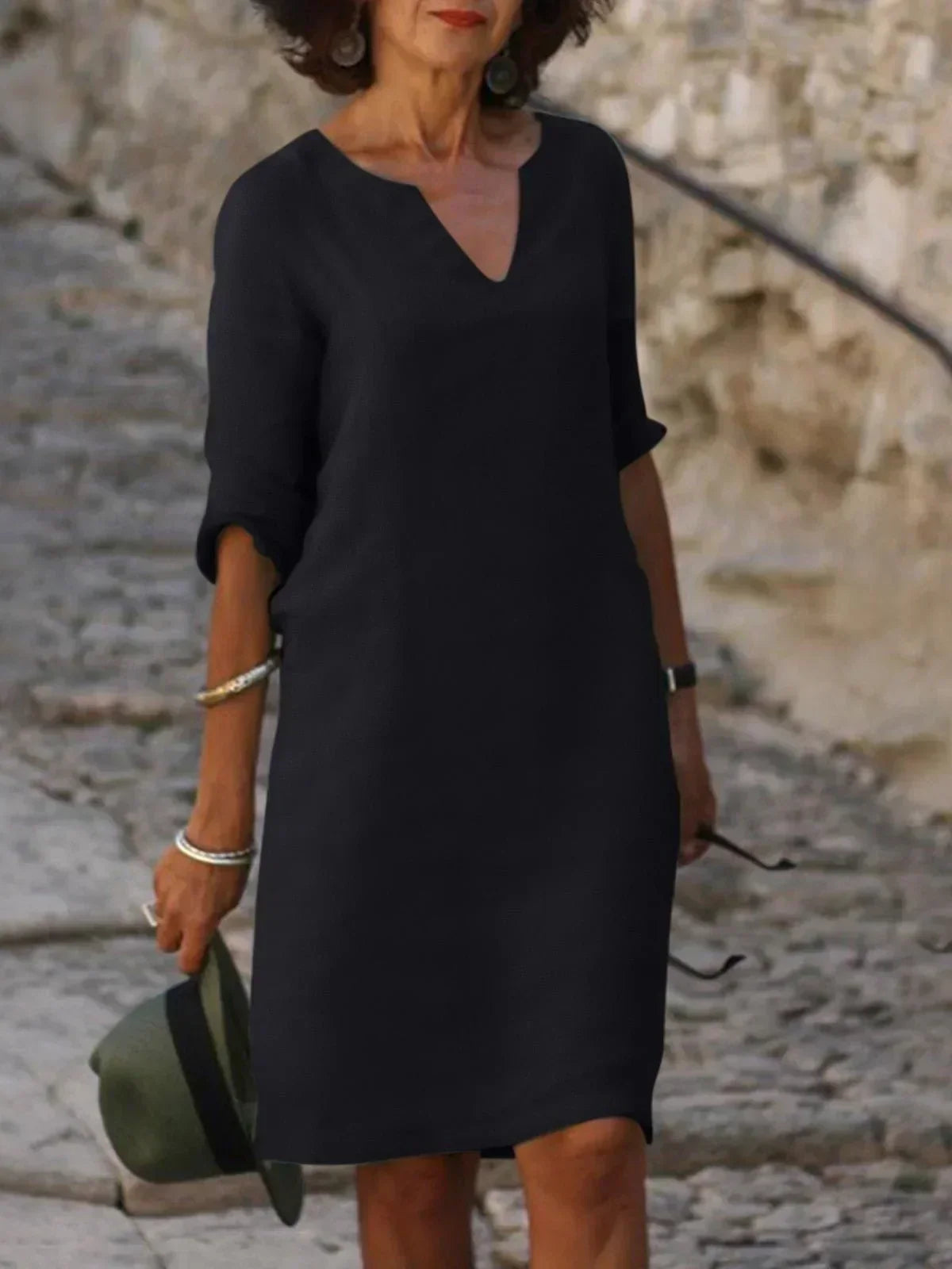 V-Neck Short Sleeve Pocket Shift Midi Dress