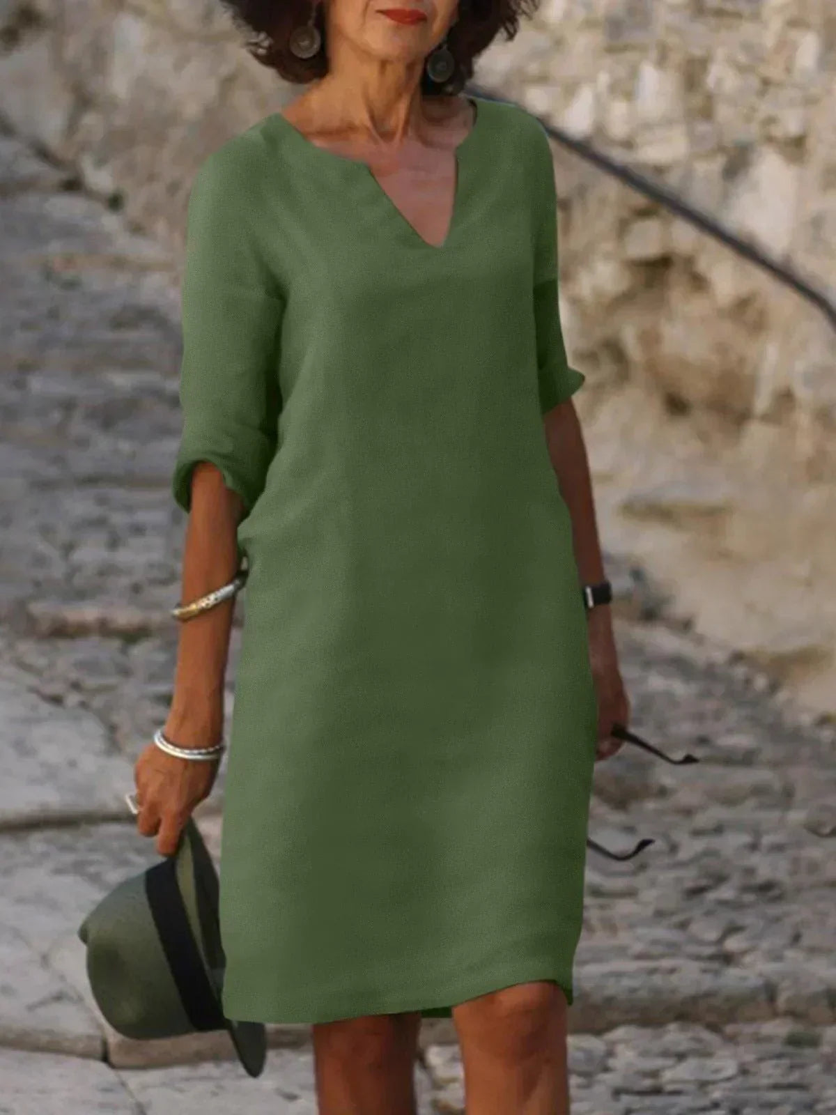 V-Neck Short Sleeve Pocket Shift Midi Dress 3