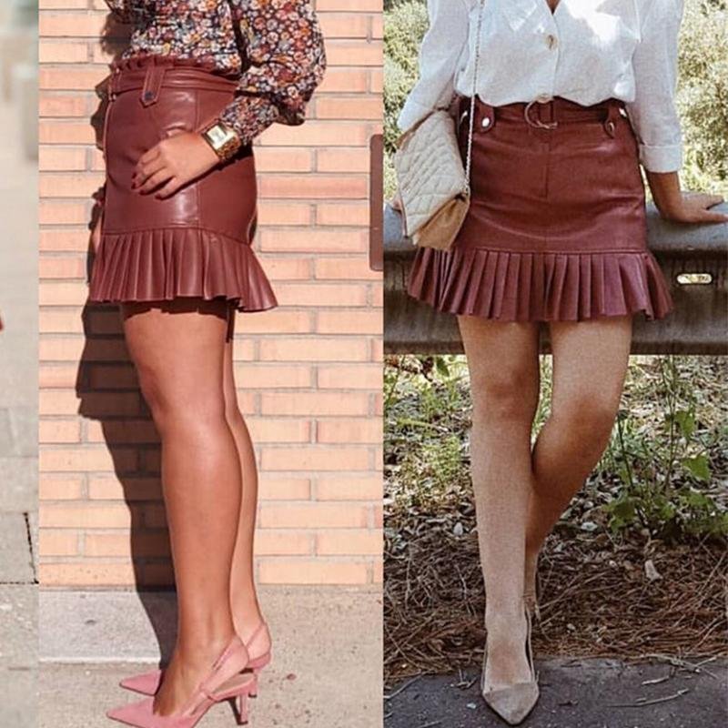 Sash Belt PU Leather Ruffled Skirt