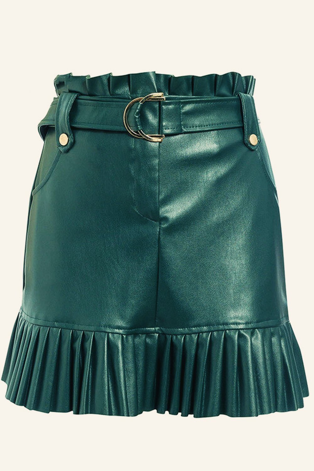 Sash Belt PU Leather Ruffled Skirt
