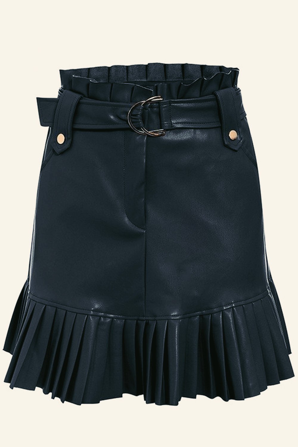 Sash Belt PU Leather Ruffled Skirt