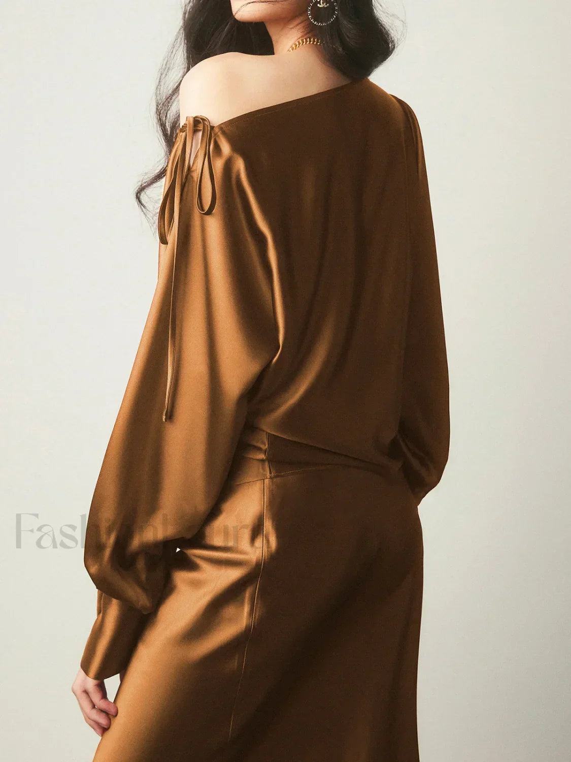 Satin Asymmetrical Cold Trendy Shoulder Tied Blouse