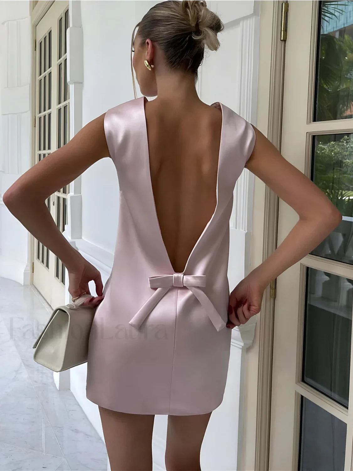 Satin Backless Bow Detail Short Dress Pink / XS Dresses
