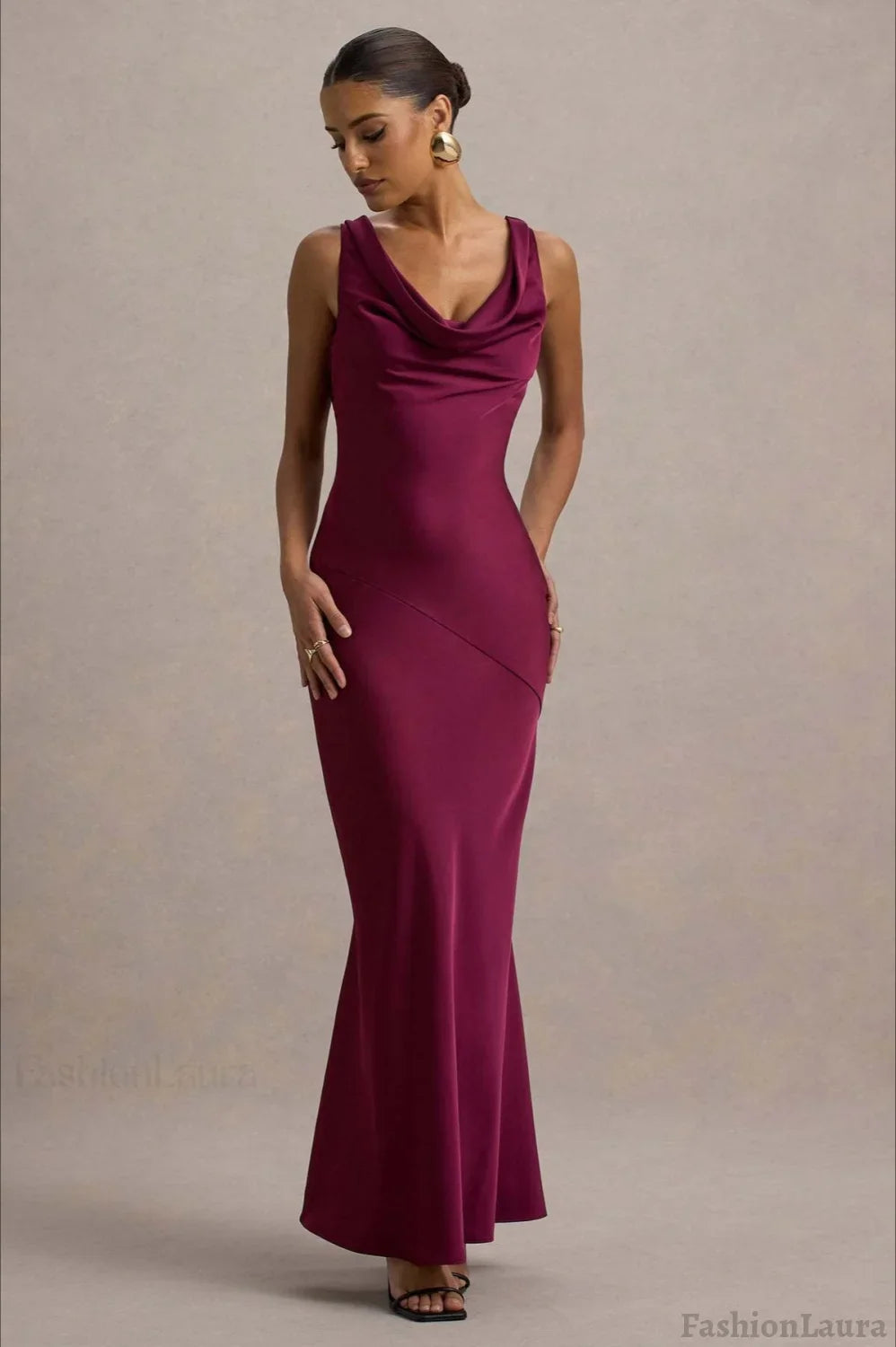 Satin Cowl Neck Fishtail Party Dress
