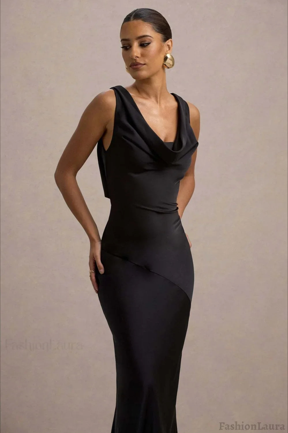 Satin Cowl Neck Fishtail Party Dress S / Black