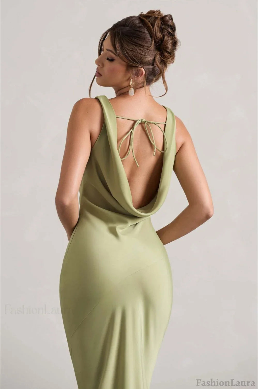 Satin Cowl Neck Fishtail Party Dress S / Green