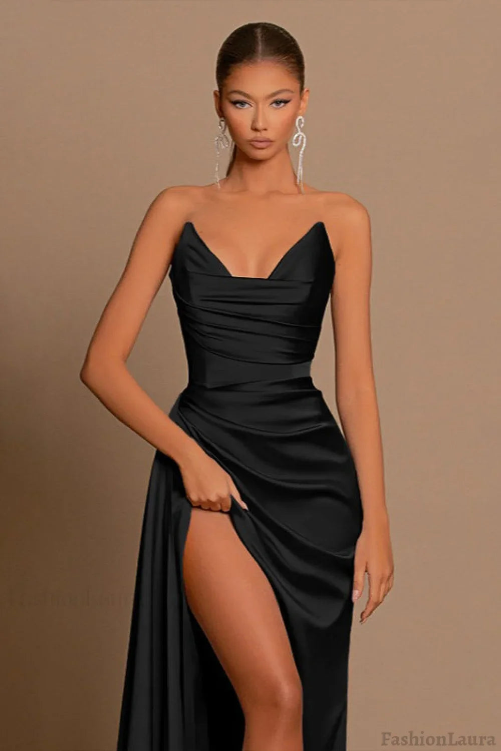 Satin Deep V Corset Slit Formal Dress
