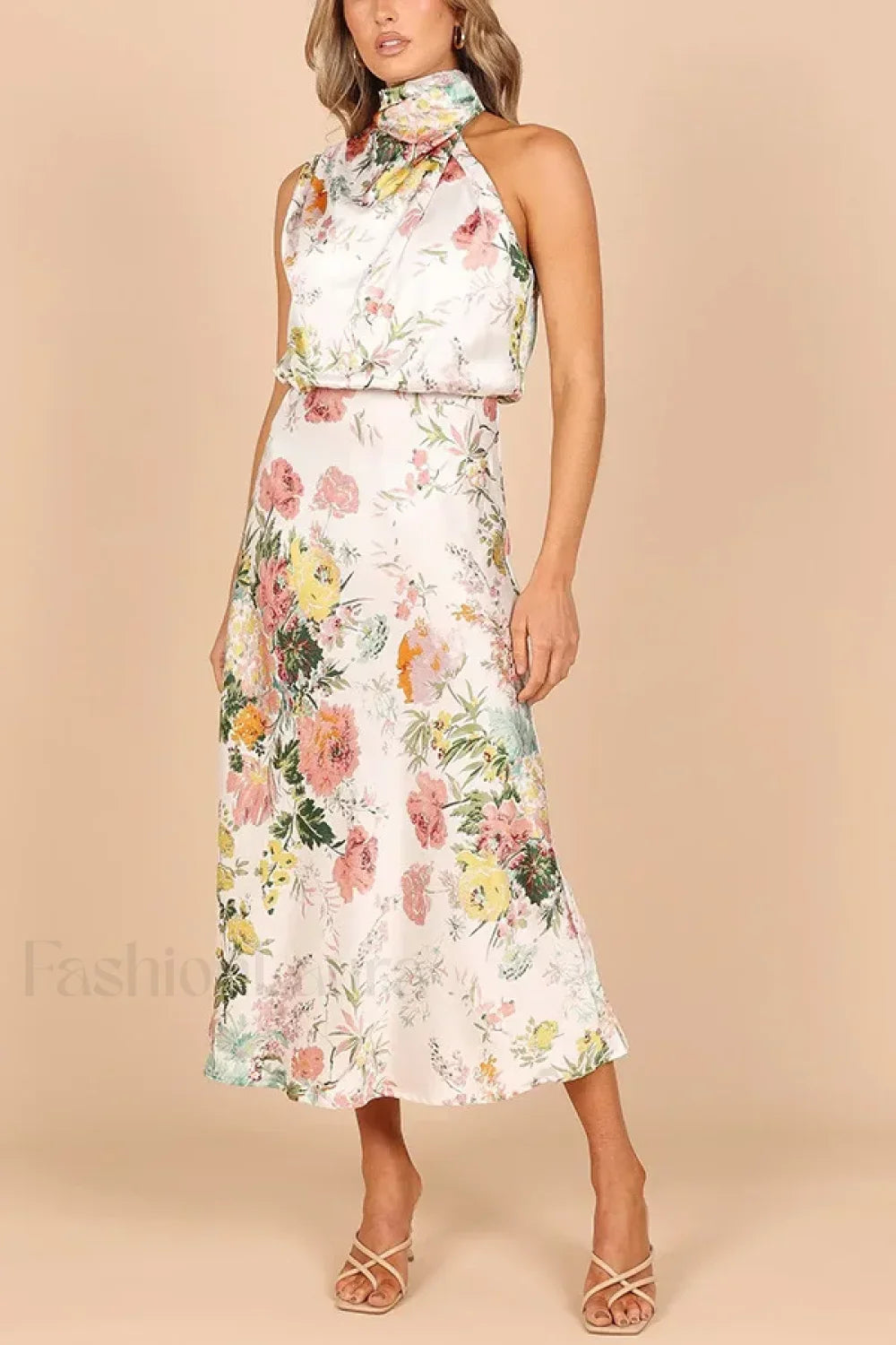 Satin Halter A-Line Floral Dress