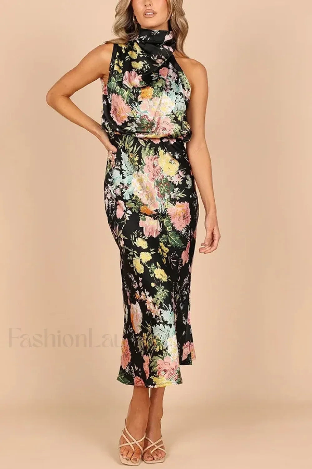 Satin Halter A-Line Floral Dress