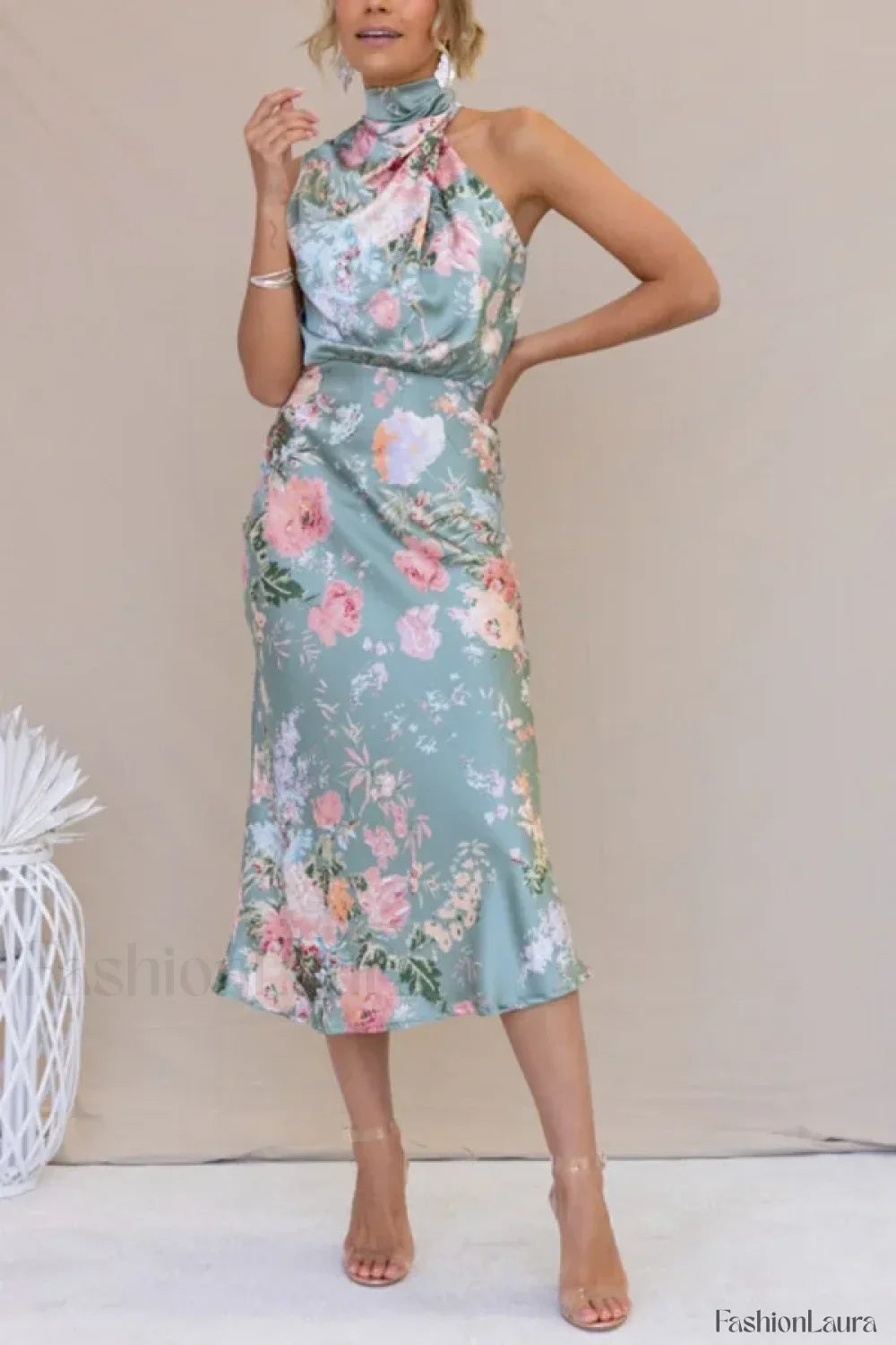 Satin Halter A-Line Floral Dress