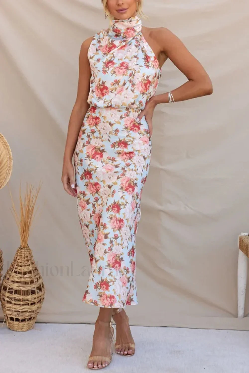 Satin Halter A-Line Floral Dress