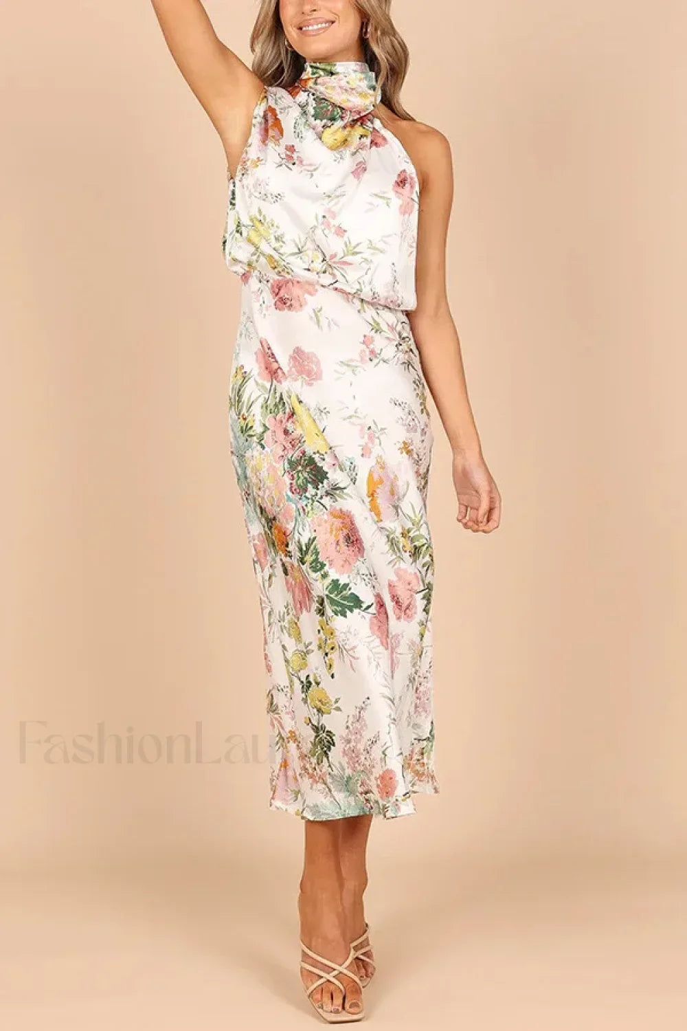 Satin Halter A-Line Floral Dress