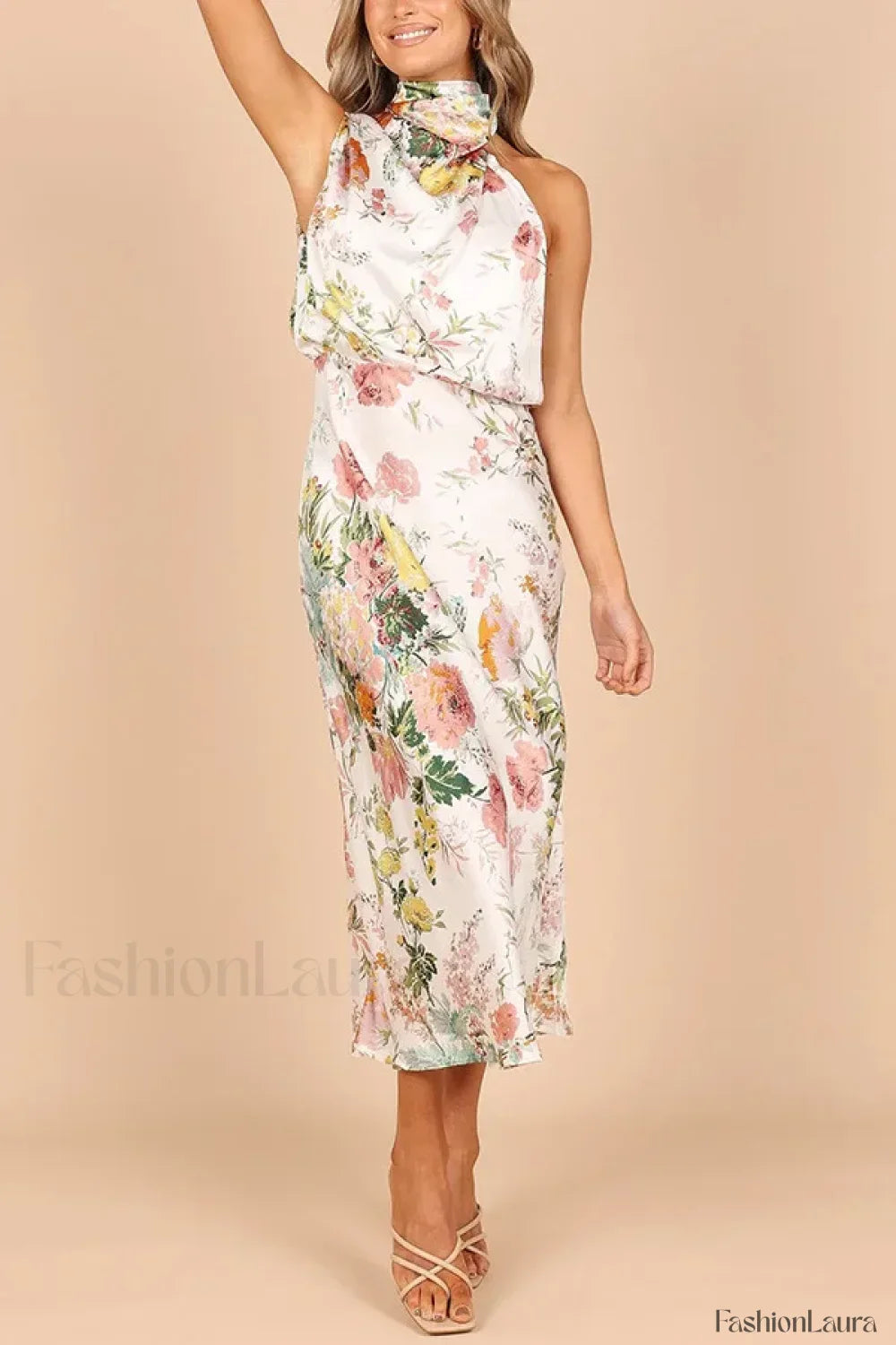 Satin Halter A-Line Floral Dress