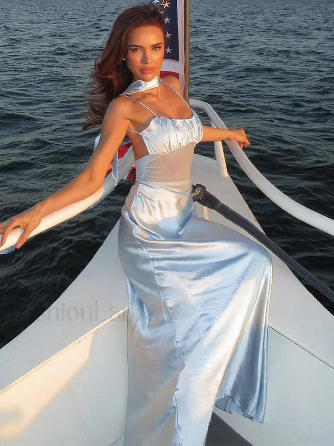 Satin Mesh Patchwork Ruffle Maxi Dress