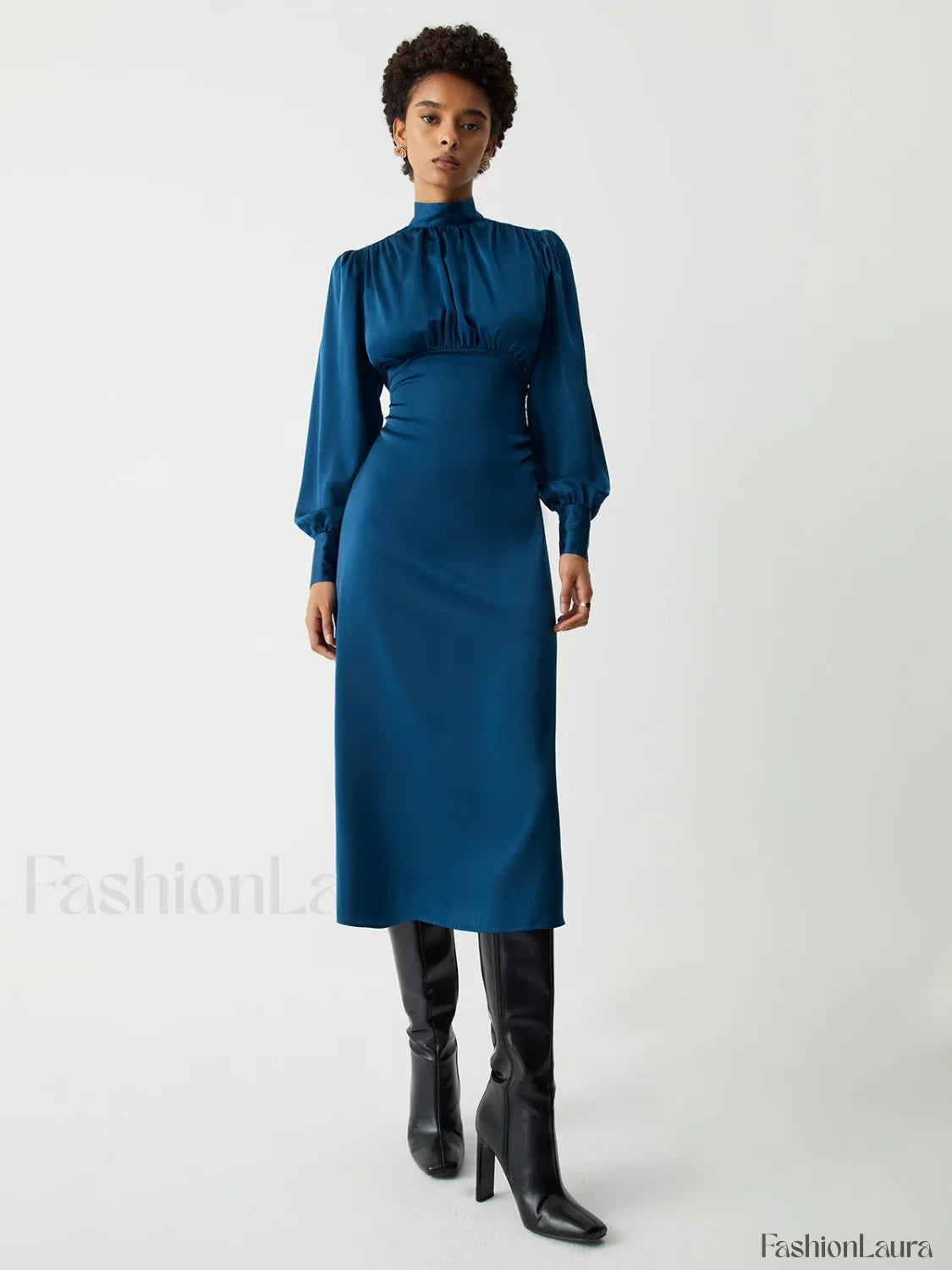 Satin Mock Neck Tie Modern Back Long Sleeve Midi Dress