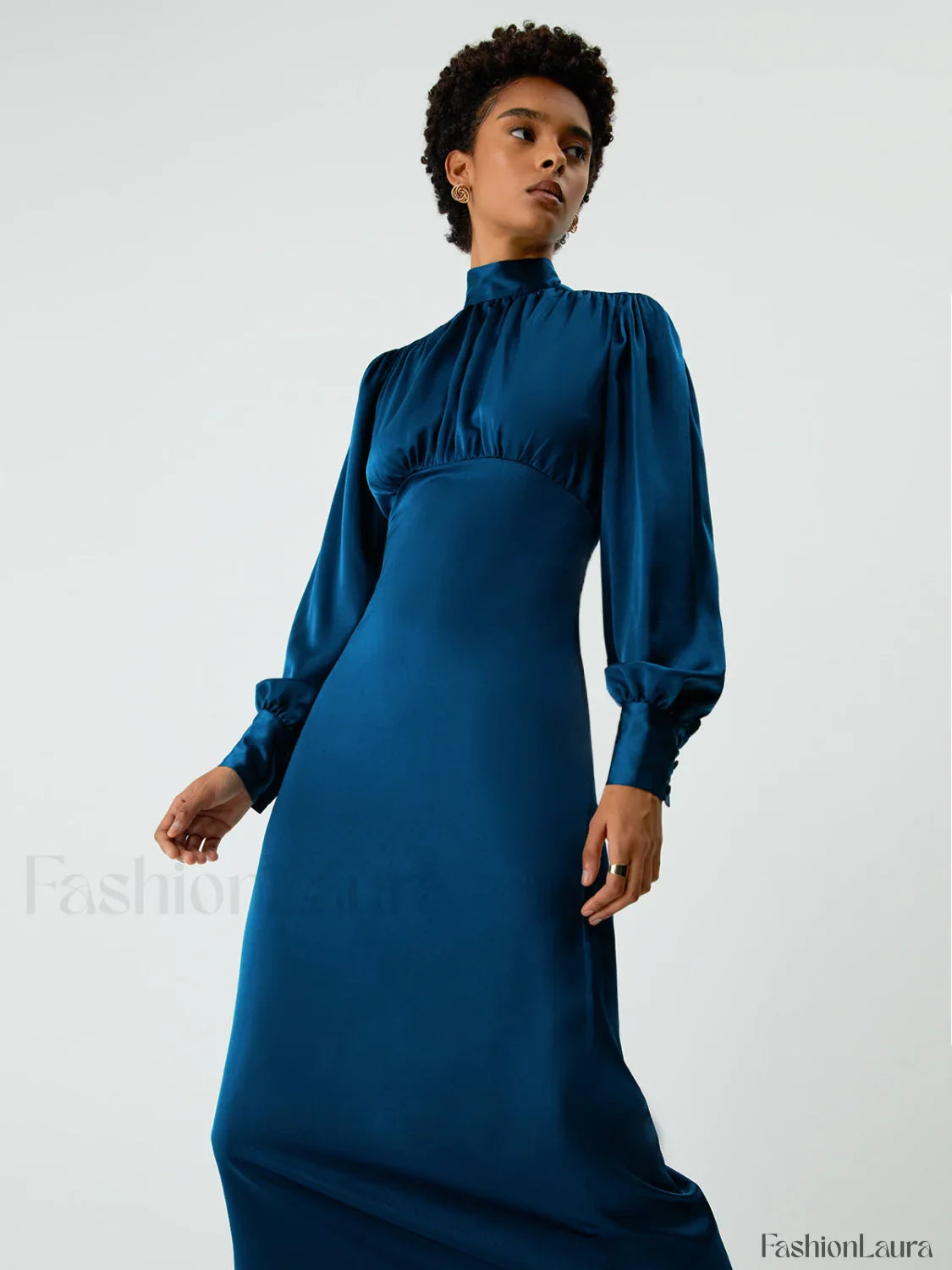 Satin Mock Neck Tie Modern Back Long Sleeve Midi Dress