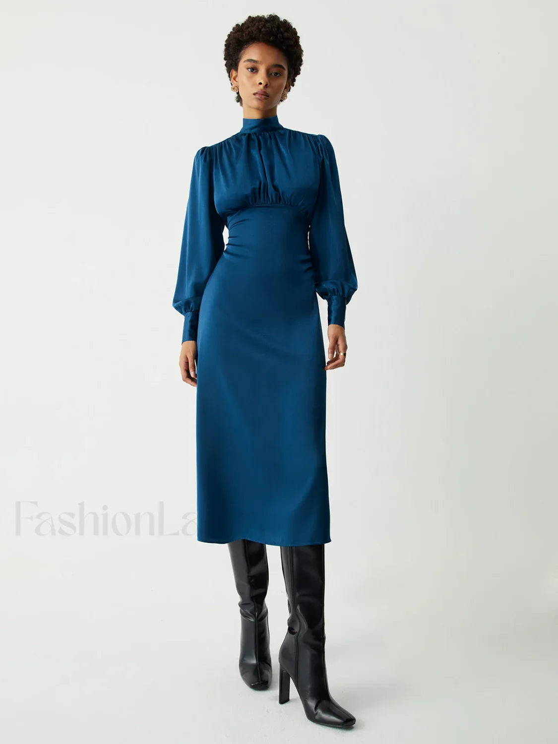 Satin Mock Neck Tie Modern Back Long Sleeve Midi Dress