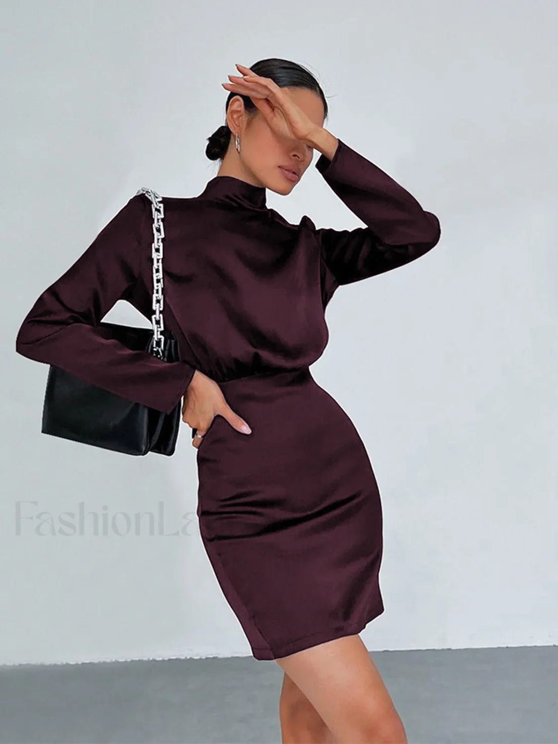 Satin Mock Neck Trendy Tie Back Short Dress Burgundy / XS Dresses