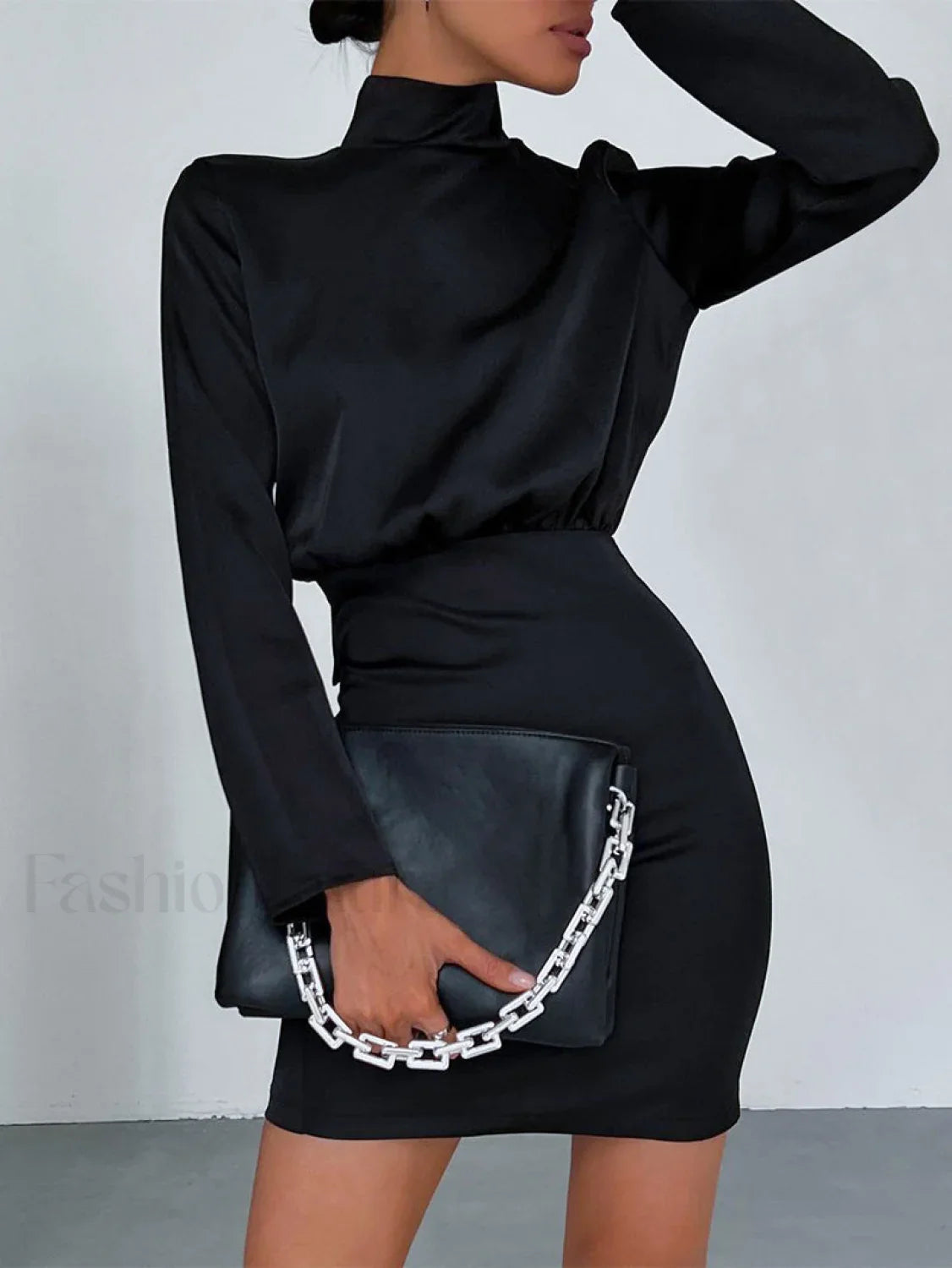 Satin Mock Neck Trendy Tie Back Short Dress