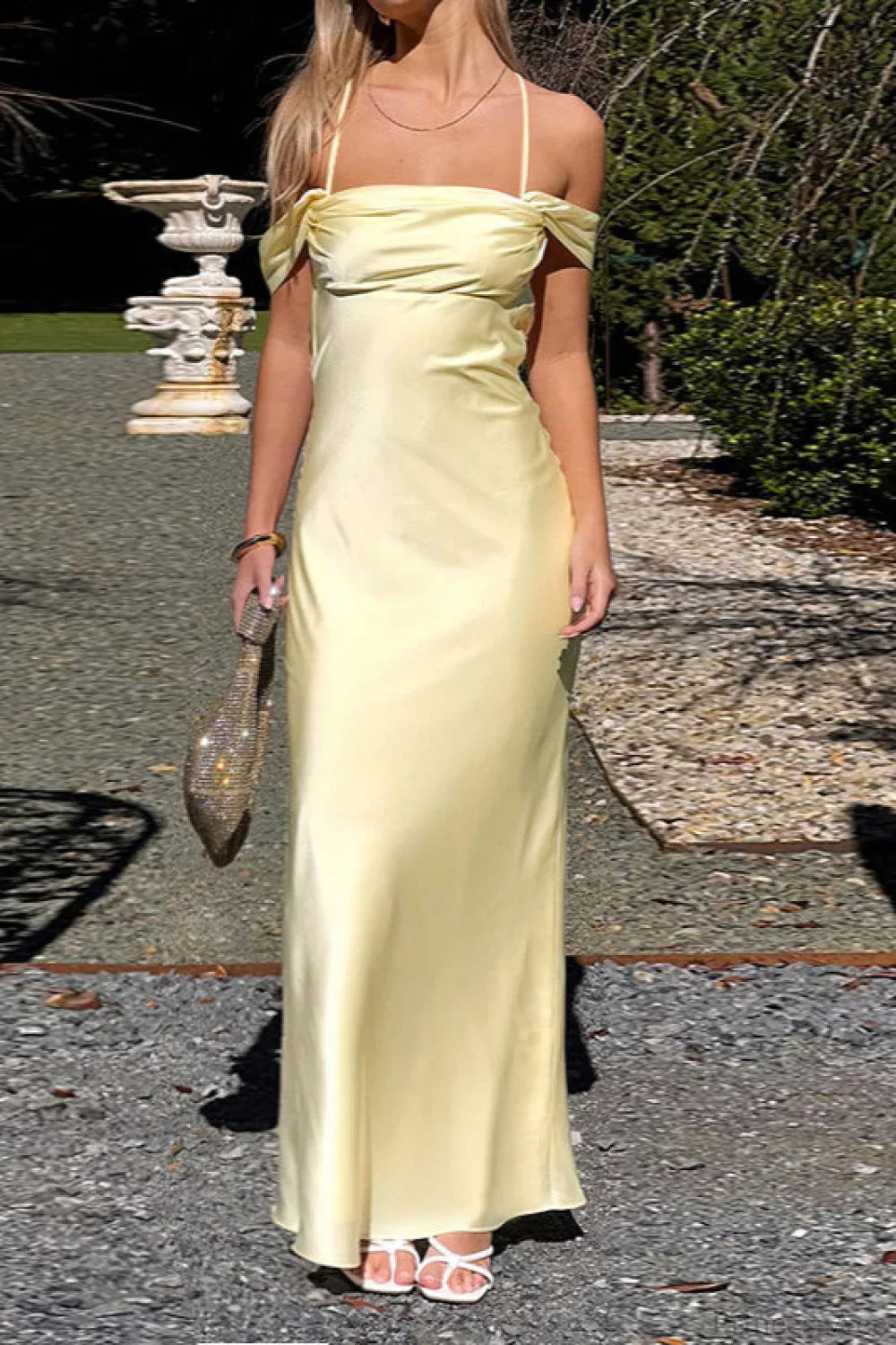 Satin Off Shoulder Backless Tie Cami Maxi Dress Yellow / S