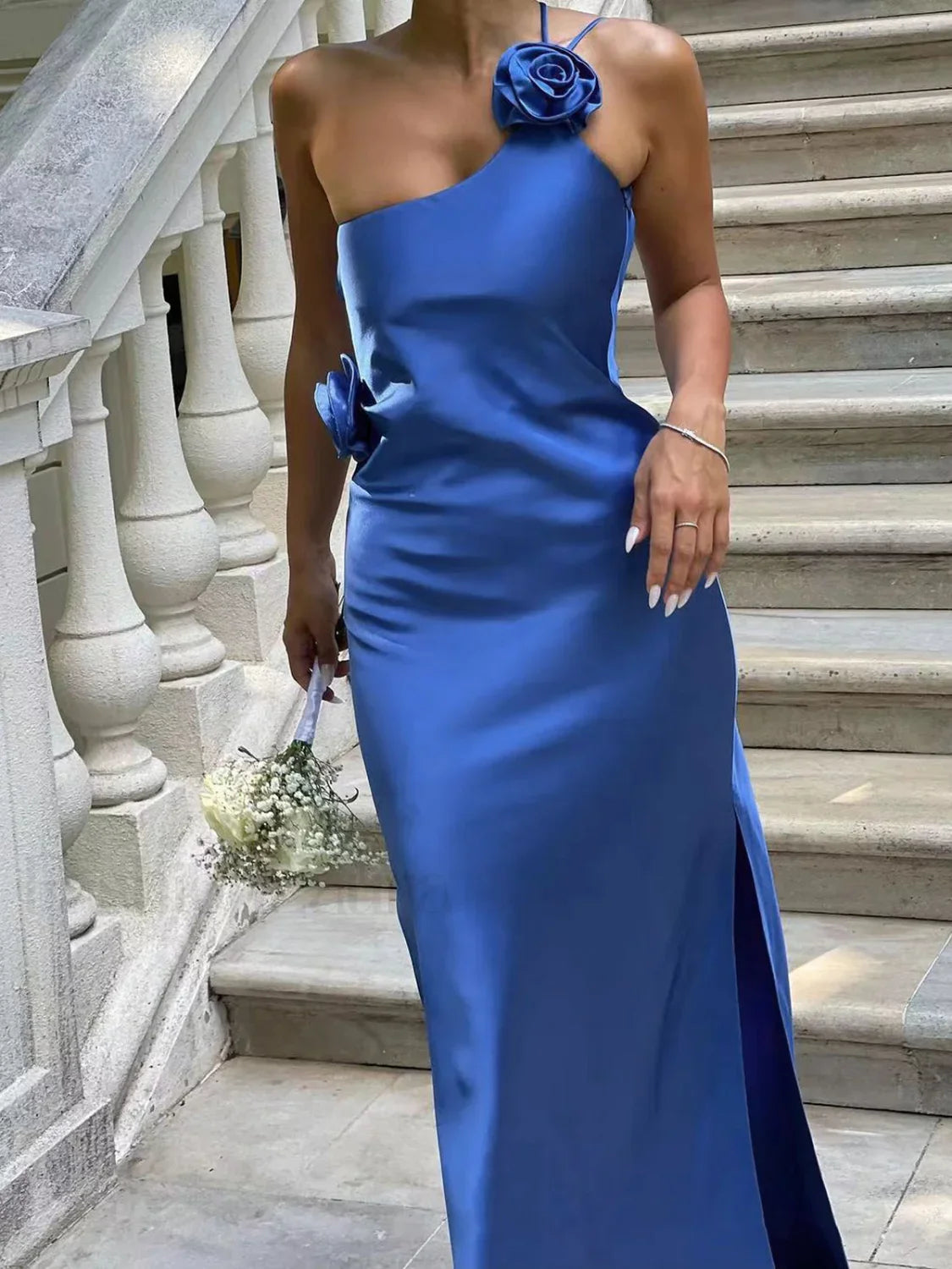 Satin Rose Decor Asymmetrical Modern Open Back Maxi Dress