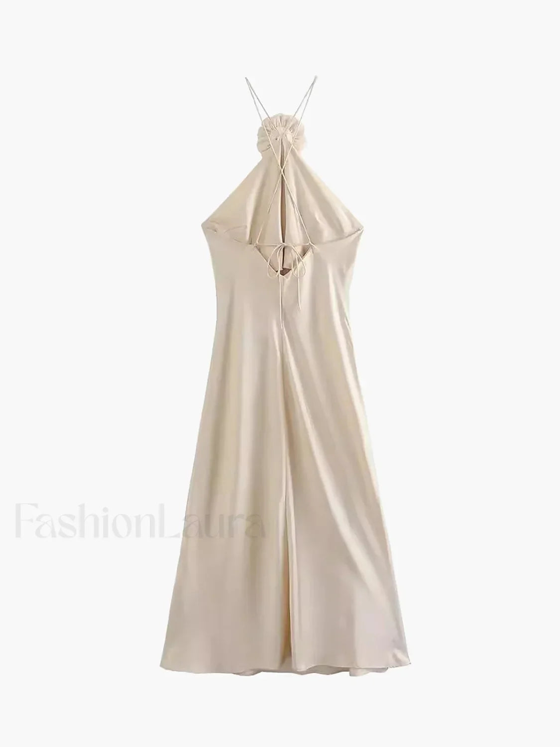Satin Rosette Decor Halter Midi Dress