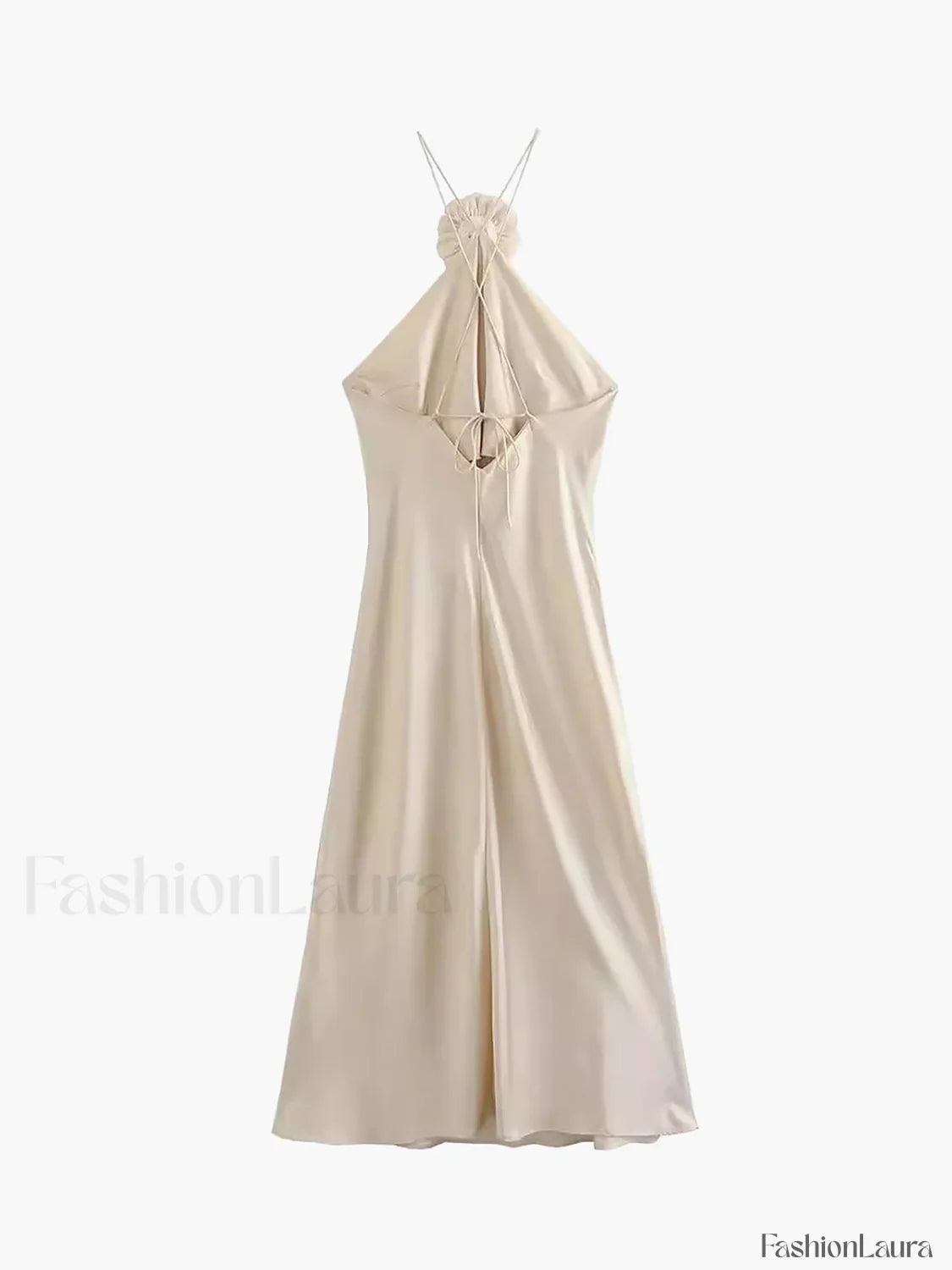 Satin Rosette Decor Halter Midi Dress
