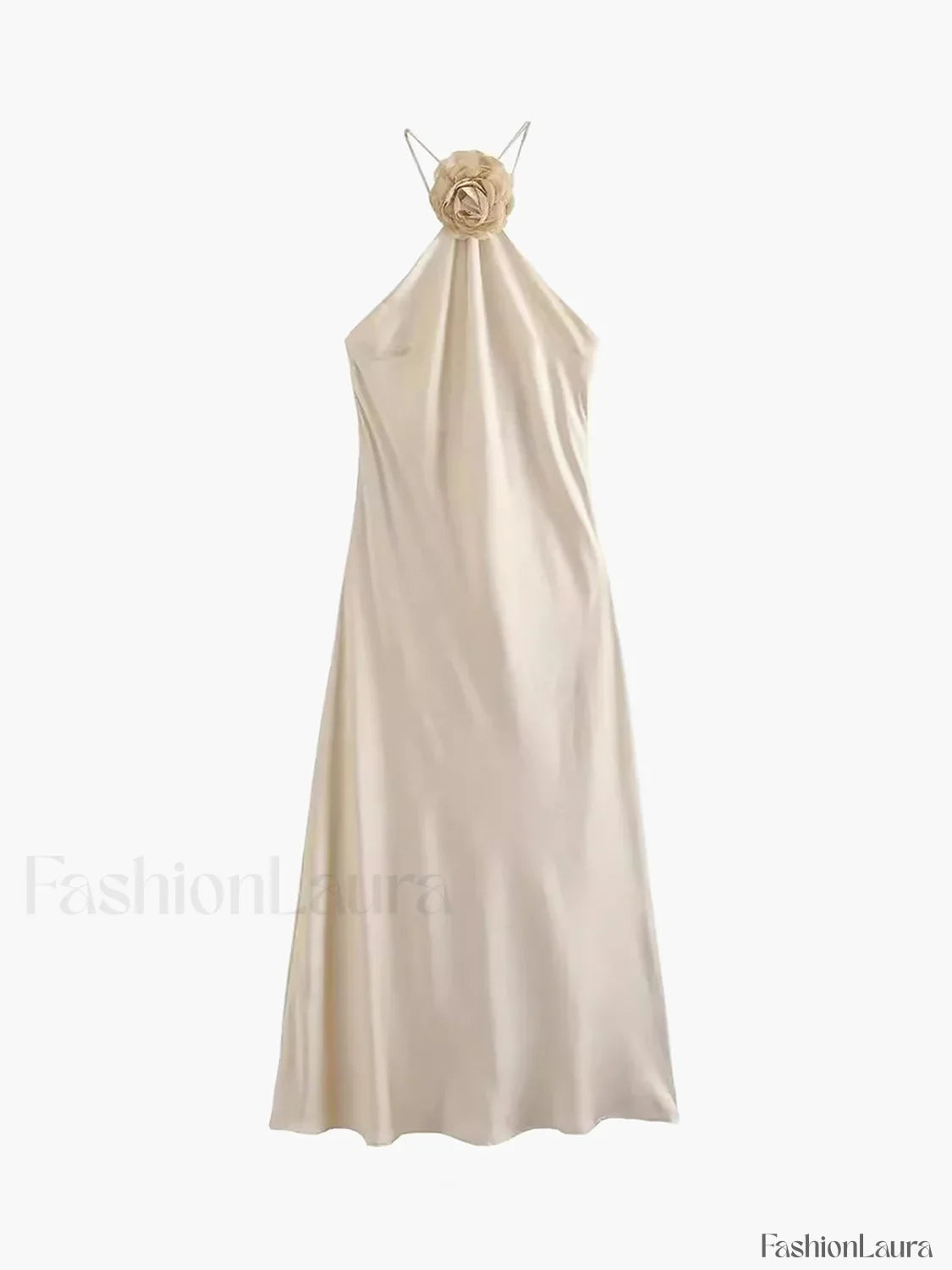 Satin Rosette Decor Halter Midi Dress