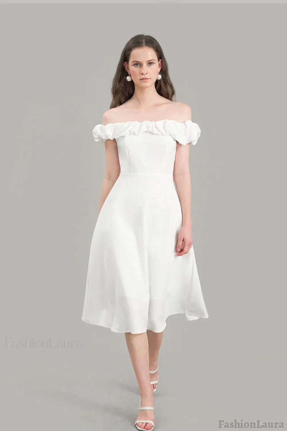 Satin Ruched Off-the-shoulder Cocktail Dress S / White