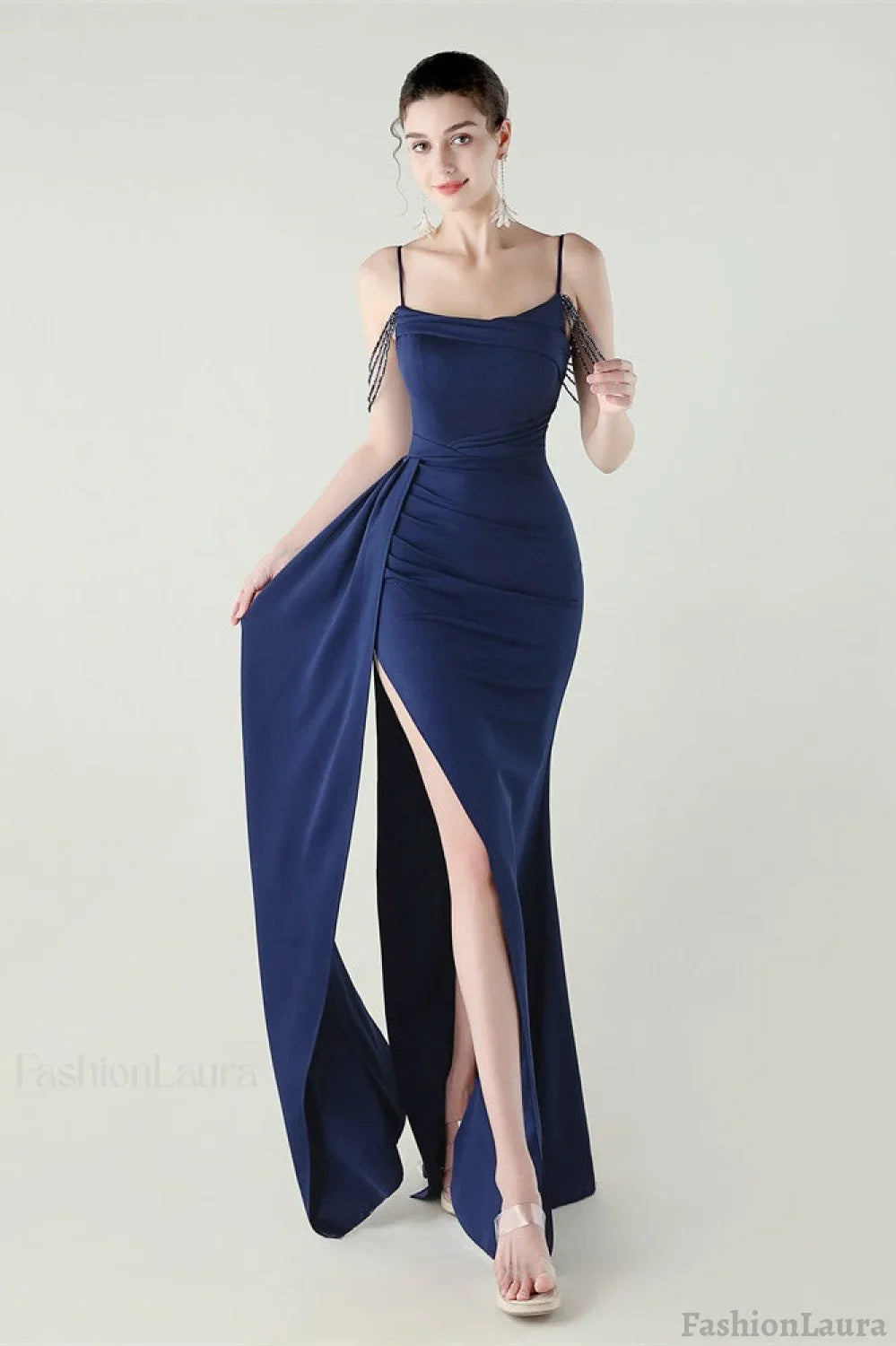 Satin Spaghetti Strap Mermaid Party Dress Navy blue / S