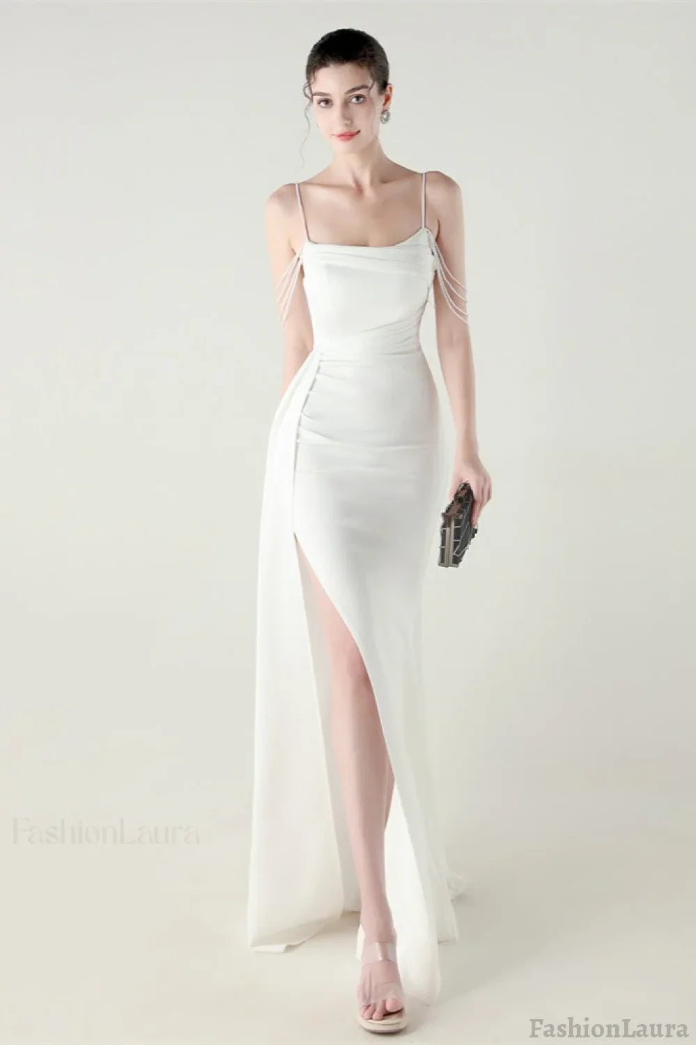 Satin Spaghetti Strap Mermaid Party Dress White / S