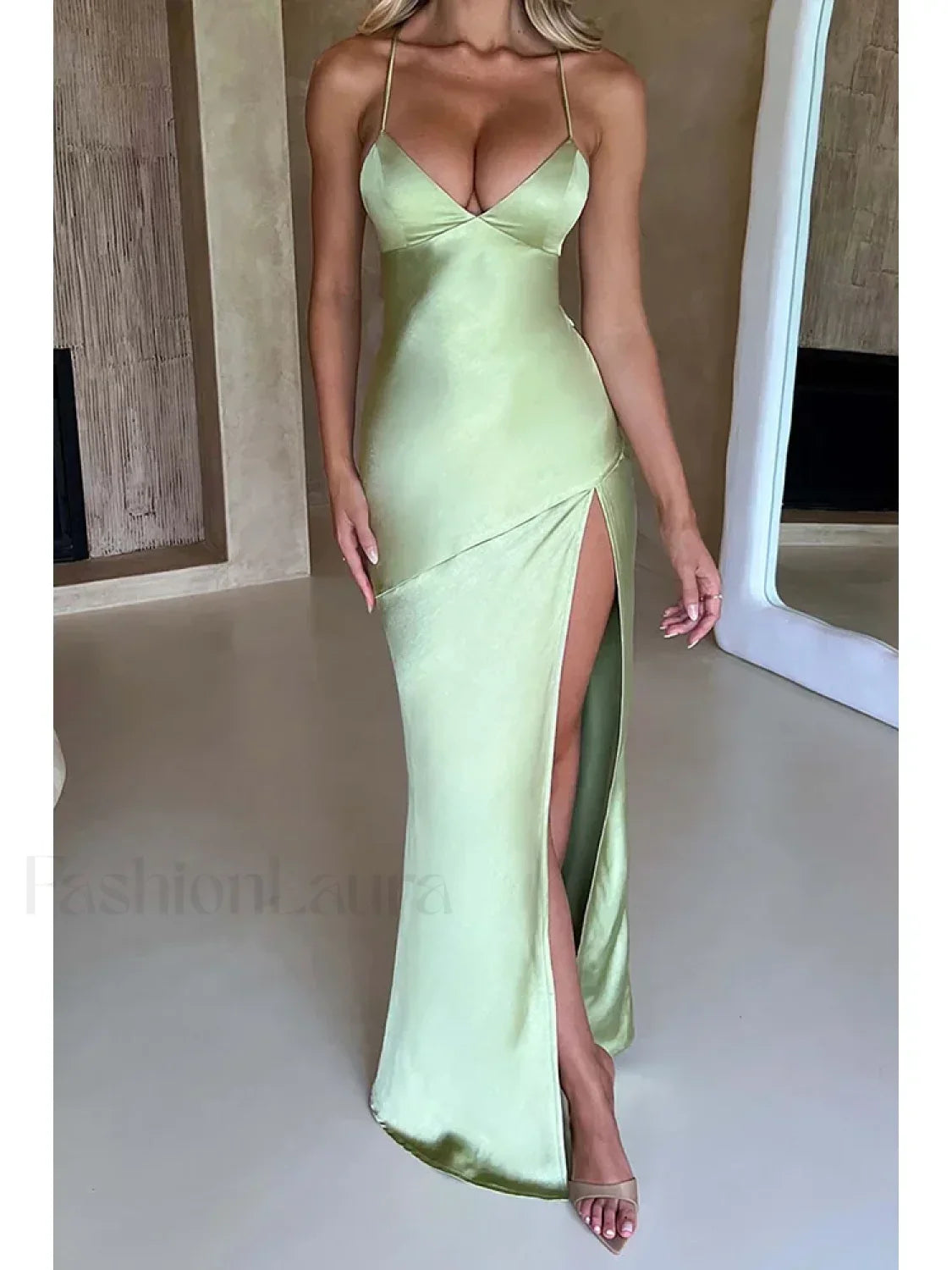 Satin Split Lace-Up Maxi Dress