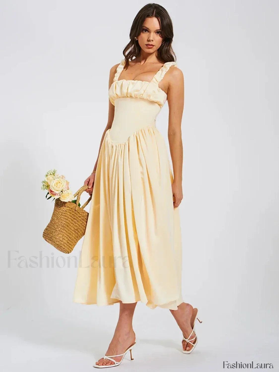 Satin Square-Collar Midi Dress