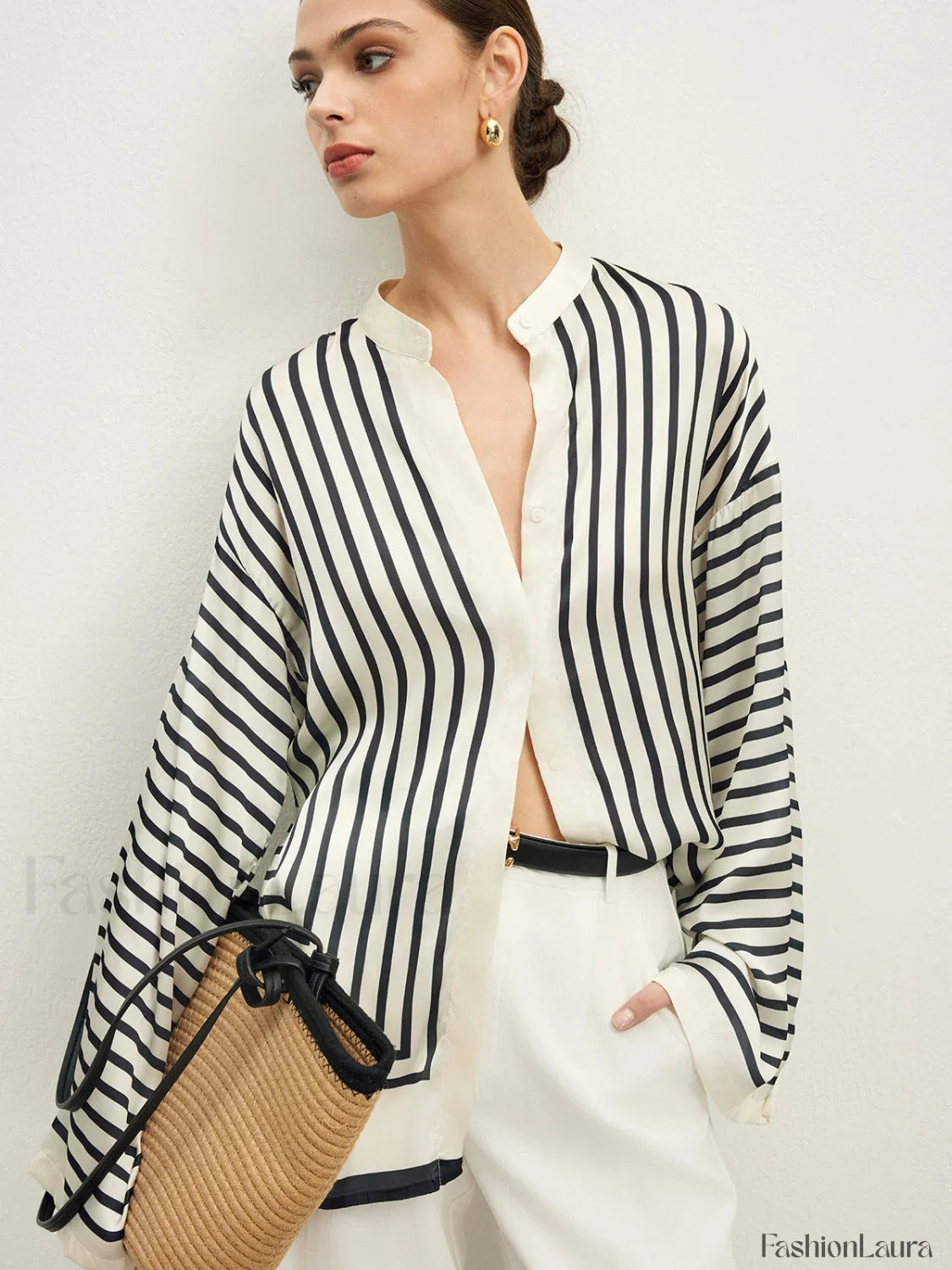 Satin Striped Button Cozy Blouse