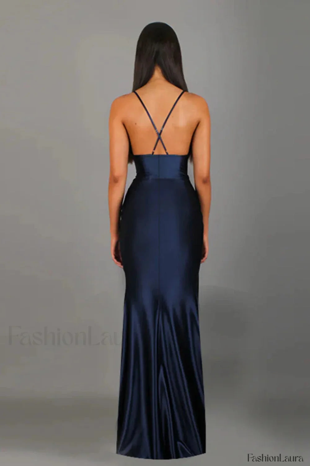 Satin V-Neck Waist Split Halter Suspender Maxi Dress