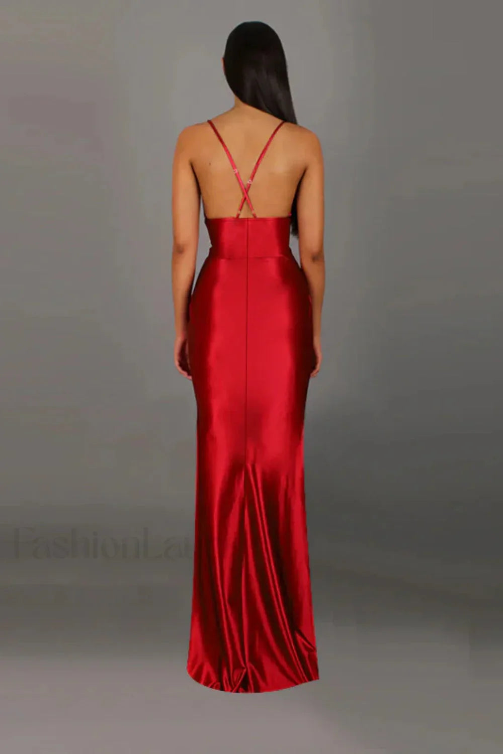 Satin V-Neck Waist Split Halter Suspender Maxi Dress