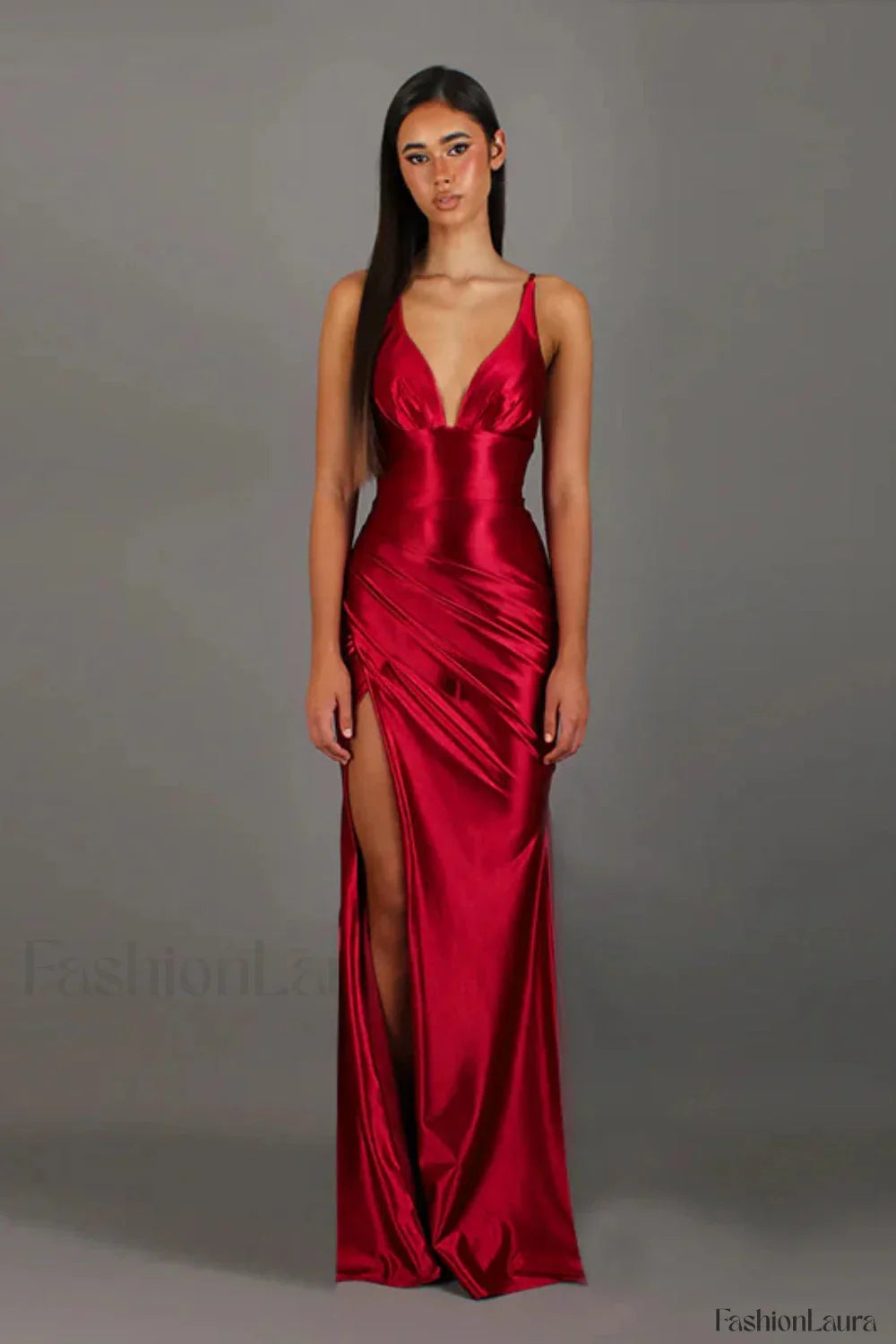 Satin V-Neck Waist Split Halter Suspender Maxi Dress