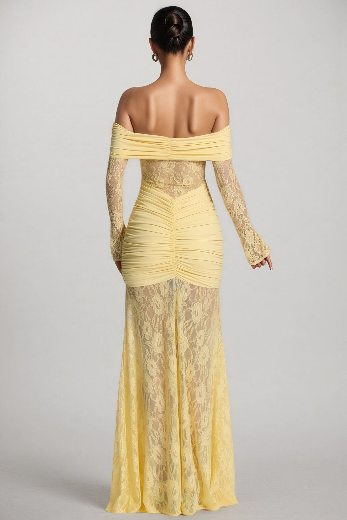 Off Shoulder Long Sleeve Sheer Lace Ruched Mermaid Maxi Dress 6