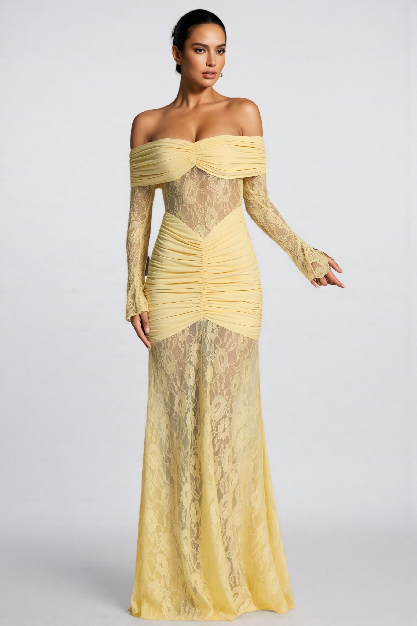 Jonilt Yellow Lace Cut-Out Fishtail Maxi Dress - View 5