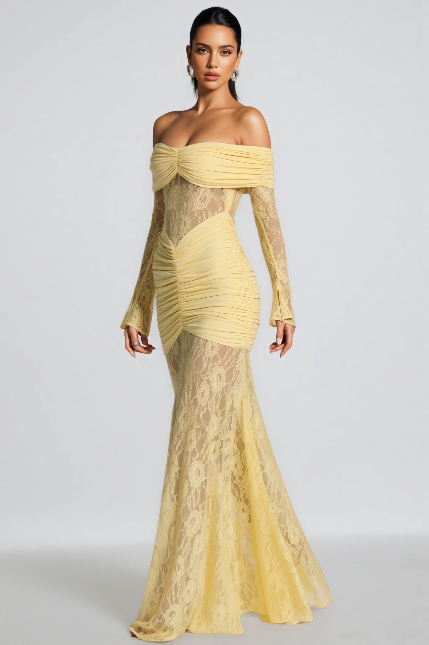 Jonilt Yellow Lace Cut-Out Fishtail Maxi Dress - View 2