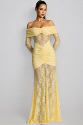 Jonilt Yellow Lace Cut-Out Fishtail Maxi Dress - View 3