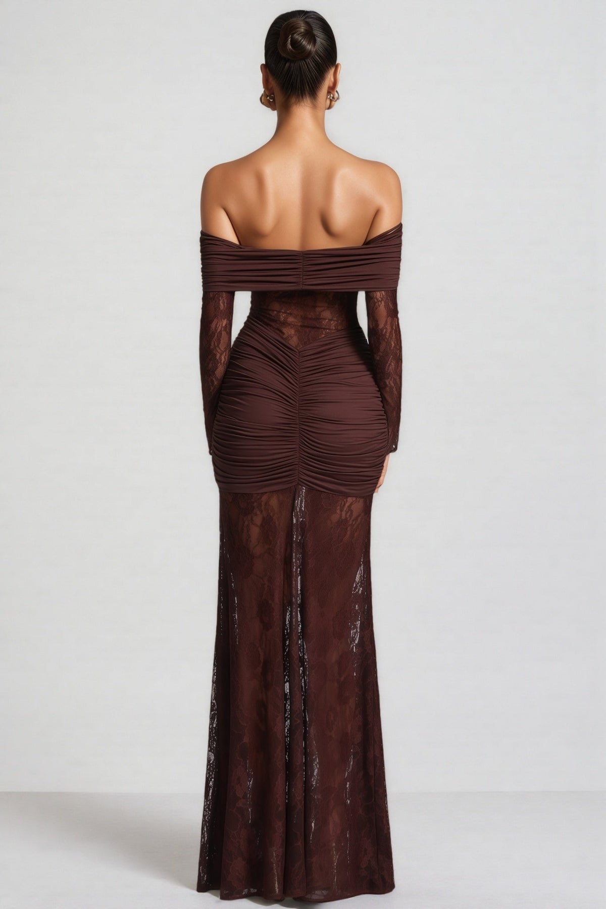 Off Shoulder Long Sleeve Ruched Sheer Lace Fishtail Maxi Dress 5