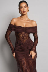 Velally Brown Lace Cut-Out Fishtail Maxi Dress - View 4