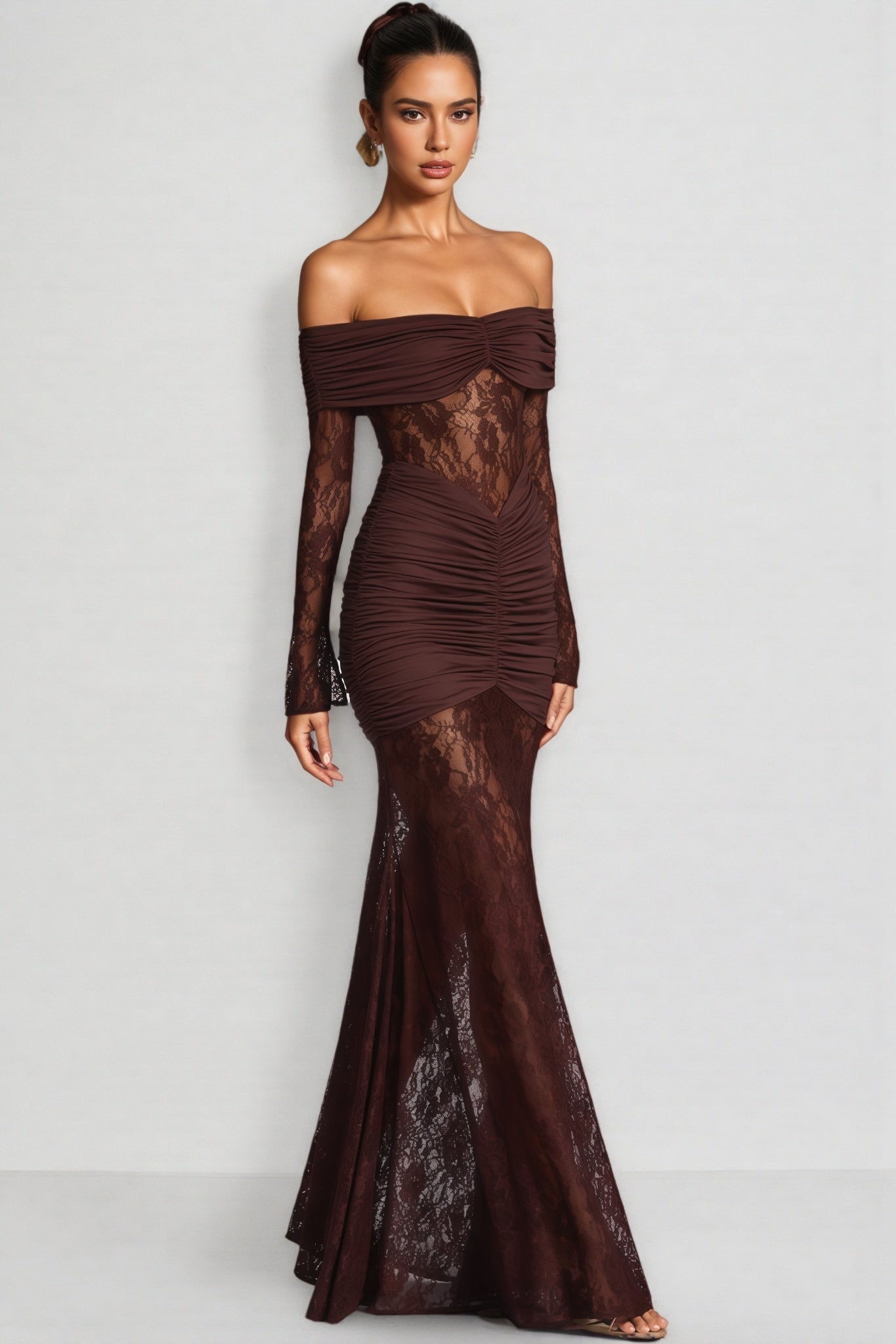 Velally Brown Lace Cut-Out Fishtail Maxi Dress - View 2