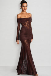 Velally Brown Lace Cut-Out Fishtail Maxi Dress - View 2