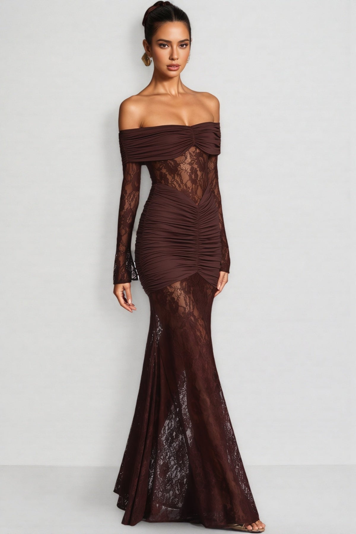 Off Shoulder Long Sleeve Ruched Sheer Lace Fishtail Maxi Dress 2