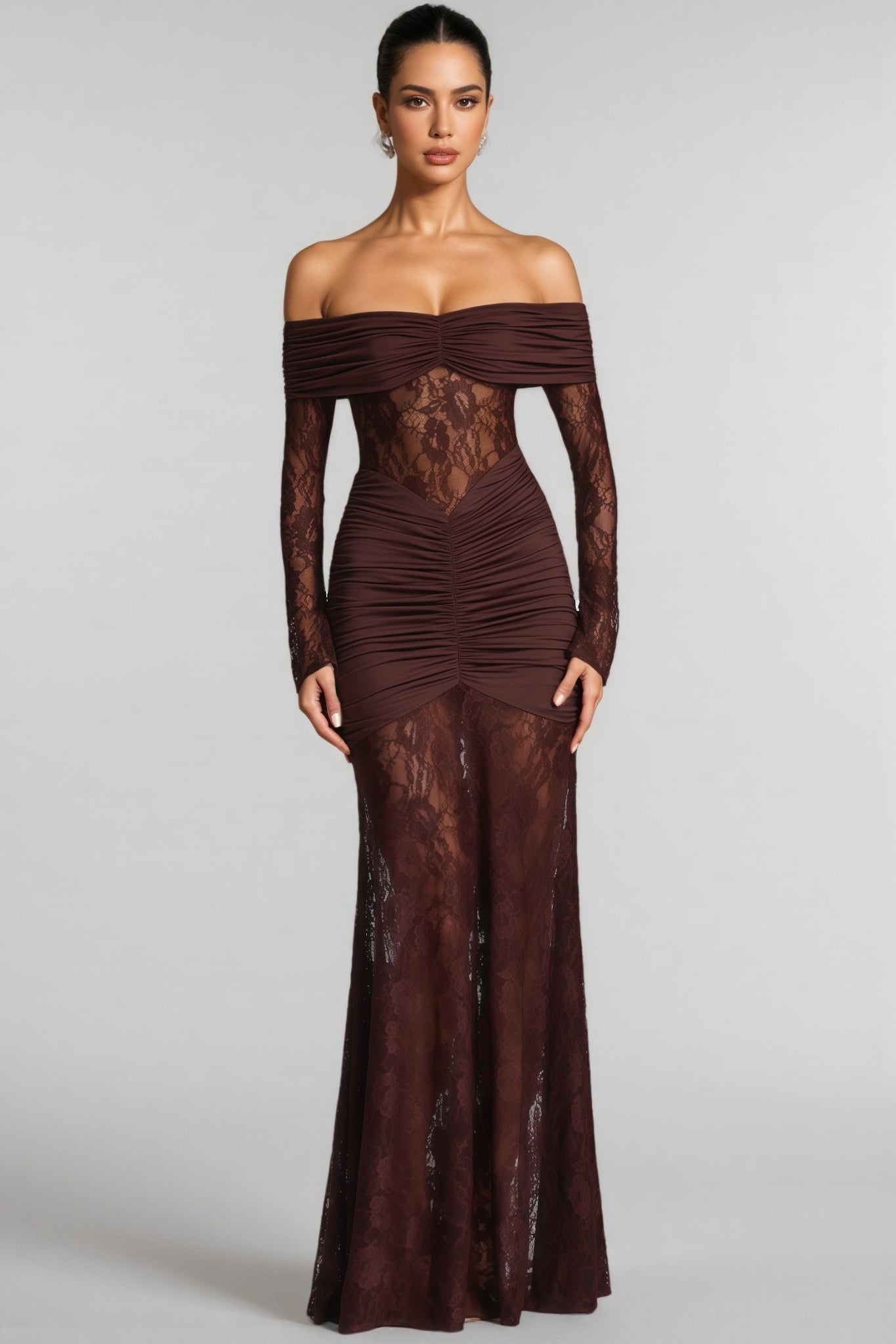 Velally Brown Lace Cut-Out Fishtail Maxi Dress