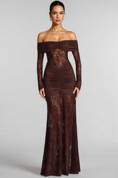 Velally Brown Lace Cut-Out Fishtail Maxi Dress