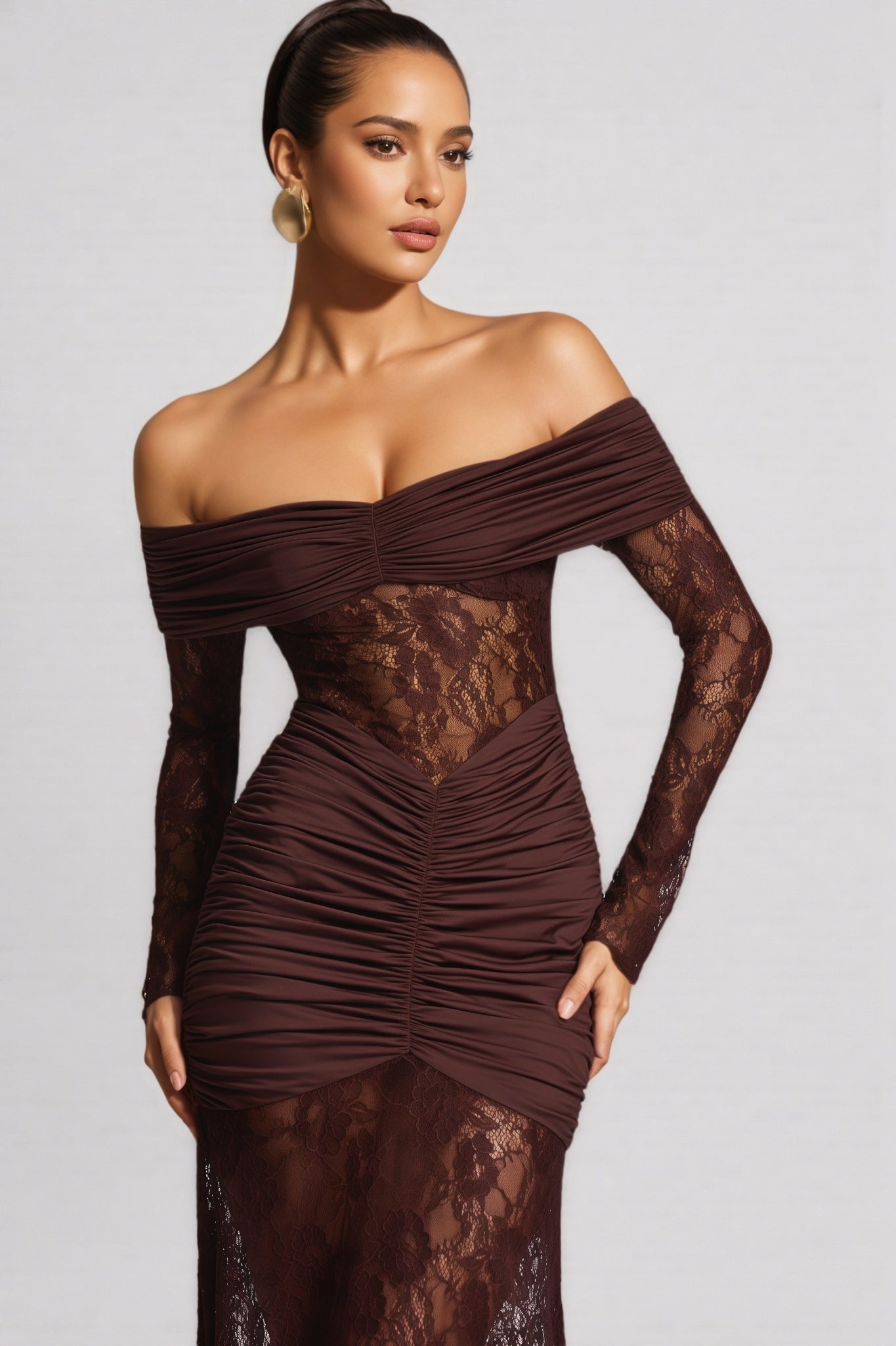 Velally Brown Lace Cut-Out Fishtail Maxi Dress - View 3