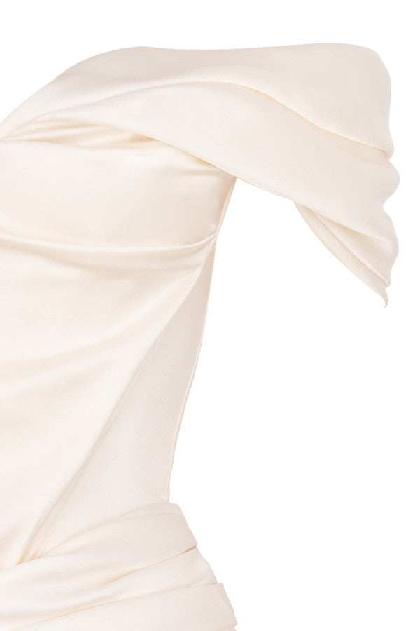 Off Shoulder Satin Corset Bodice Draped Wrap Hem Mini Dress 16
